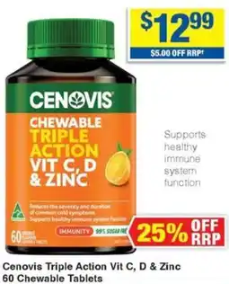 My Chemist Cenovis Triple Action Vit C, D & Zinc 60 Chewable Tablets offer