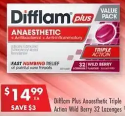 Pharmacy4Less Difflam Plus Anaesthetic Triple Action Wild Berry 32 Lozenges! offer