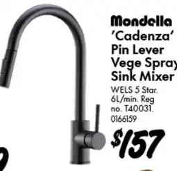 Bunnings Mondella 'Cadenza' Pin Lever Vege Spray Sink Mixer WELS 5 Star. 6L/min. Reg no. T40031. 0166159 offer