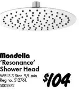 Mondella 'Resonance' Shower Head WELS 3 Star. 9/L min. Reg no. S12761.