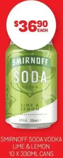SMIRNOFF SODA VODKA LIME & LEMON 10 X 330ML CANS