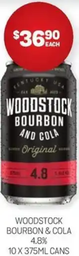 WOODSTOCK BOURBON & COLA 4.8% 10 X 375ML CANS