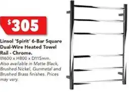 Harvey Norman Linsol 'Spirit' 6-Bar Square Dual-Wire Heated Towel Rail - Chrome offer