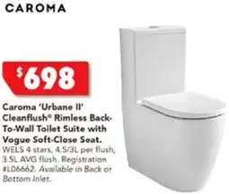 Harvey Norman Caroma 'Urbane II' Cleanflush Rimless Back- To-Wall Toilet Suite with Vogue Soft-Close Seat offer