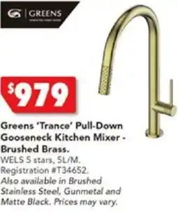 Harvey Norman Greens 'Trance' Pull-Down Gooseneck Kitchen Mixer - Brushed Brass offer