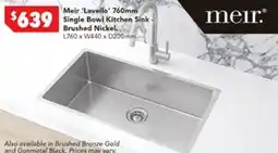 Harvey Norman Meir 'Lavello' 760mm Single Bowl Kitchen Sink Brushed Nickel offer