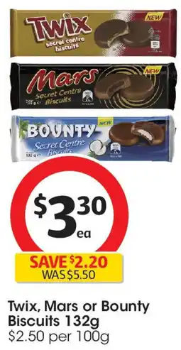 Coles Twix, Mars or Bounty Biscuits 132g offer
