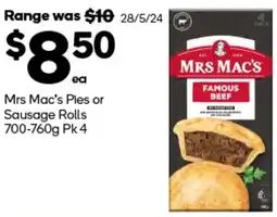 Woolworths Mrs Mac's Ples or Sausage Rolls 700-760g Pk 4 offer