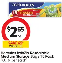 Coles Hercules TwinZip Resealable Medium Storage Bags 15 Pack offer