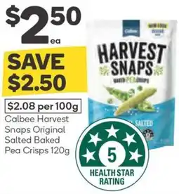 Woolworths Calbee Harvest Snaps Original Salted Baked Pea Crisps 120g offer