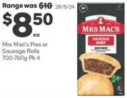 Woolworths Mrs Mac's Pies or Sausage Rolls 700-760g Pk 4 offer