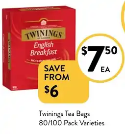 Foodworks Twinings Tea Bags 80/100 Pack Varieties offer