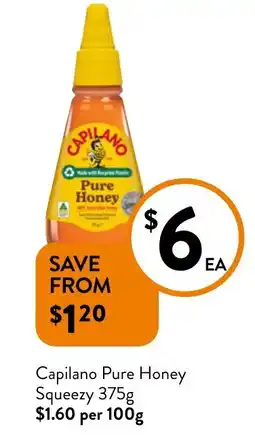 Foodworks Capilano Pure Honey Squeezy 375g $1.60 per 100g offer