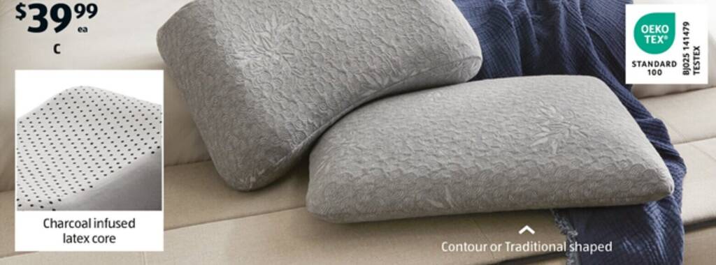 Charcoal infused latex pillow assortment offer at ALDI