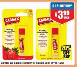 Chemist Warehouse Carmex Lip Balm Strawberry or Classic Stick SPF15 4.25g offer