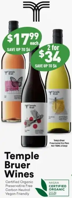 Temple Bruer Preservative Free Pinot Noir 750 ml & Range