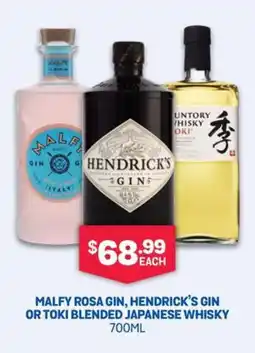 MALFY ROSA GIN, HENDRICK'S GIN OR TOKI BLENDED JAPANESE WHISKY