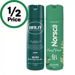 Woolworths Brut 24 Hour Antiperspirant or Norsca Deodorant 130g offer