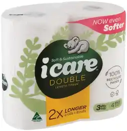 IGA icare Double Length Toilet Tissue 3 Ply 4 Pack offer