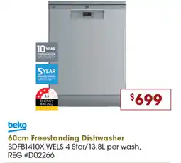 Designer Appliances 60cm Freestanding Dishwasher BDFB1410X WELS 4 Star/13.8L per wash, REG #D02266 offer