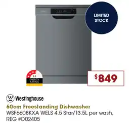 60cm Freestanding Dishwasher WSF6608KXA WELS 4.5 Star/13.5L per wash, REG #D02405