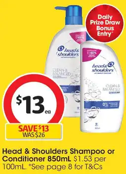 Coles Head & Shoulders Shampoo or Conditioner 850mL offer