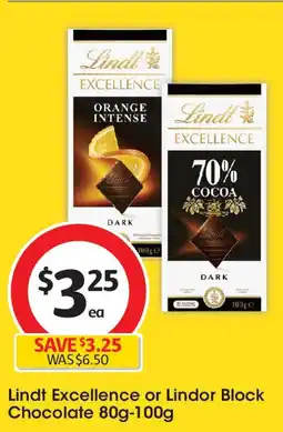 Coles Lindt Excellence or Lindor Block Chocolate 80g-100g offer