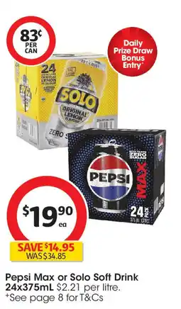 Coles Pepsi Max or Solo Soft Drink 24x375mL offer
