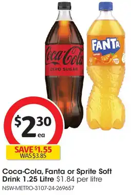 Coles Coca-Cola, Fanta or Sprite Soft Drink 1.25 Litre offer