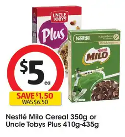 Coles Nestlé Milo Cereal 350g or Uncle Tobys Plus 410g-435g offer