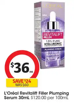 Coles L'Oréal Revitalift Filler Plumping Serum 30mL offer