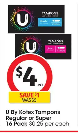 Coles U By Kotex Tampons Regular or Super 16 Pack offer