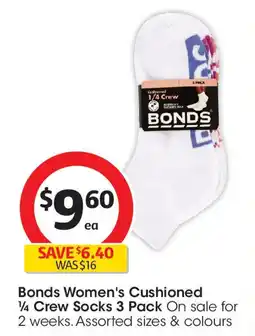 Coles Bonds Women's Cushioned 1/4 Crew Socks 3 Pack On sale for 2 weeks. Assorted sizes & colours offer