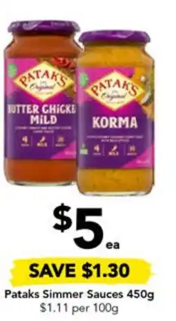 Pataks Simmer Sauces 450g $1.11 per 100g