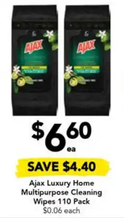 Drakes Ajax Luxury Home Multipurpose Cleaning Wipes 110 Pack $0.06 each offer