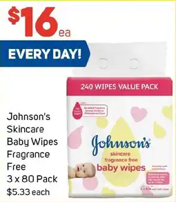 Foodland Johnson's Skincare Baby Wipes Fragrance Free 3 x 80 Pack offer