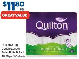 Foodland Quilton 3 Ply Double Length Toilet Rolls 9 Pack offer