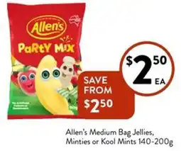 Foodworks Allen's Medium Bag Jellies, Minties or Kool Mints 140-200g offer