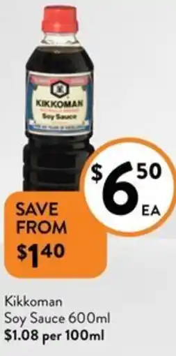 Foodworks Kikkoman Soy Sauce 600ml offer