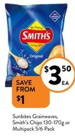 Foodworks Sunbites Grainwaves, Smith's Chips 130-170g or Multipack 5/6 Pack offer