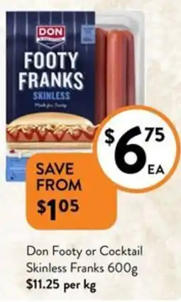 Foodworks Don Footy or Cocktail Skinless Franks 600g offer
