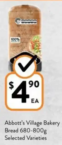 Foodworks Abbott's Village Bakery Bread 680-800g Selected Varieties offer