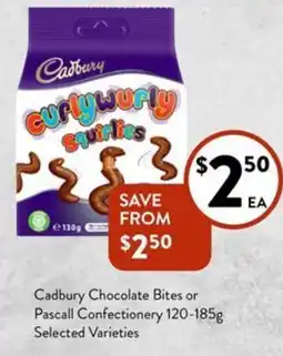 Foodworks Cadbury Chocolate Bites or Pascall Confectionery 120-185g Selected Varieties offer