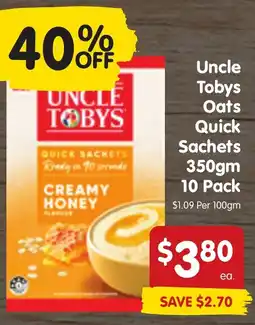 Spar UNCLE TOBYS Oats Quick Sachets 350gm 10 Pack offer