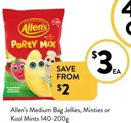 Foodworks Allen's Medium Bag Jellies, Minties or Kool Mints 140-200g offer
