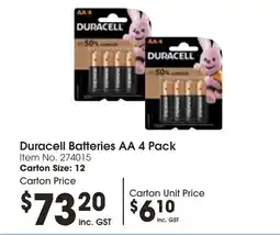 Campbells Wholesale Duracell Batteries AA 4 Pack offer