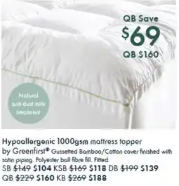 Pillow Talk Hypoallergenic 1000gsm mattress topper by Greenfirst offer