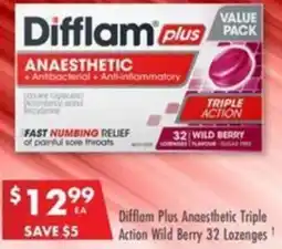 Pharmacy4Less Difflam Plus Anaesthetic Triple Action Wild Berry 32 Lozenges offer