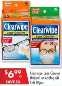 Clearwipe Lens Cleaner Original or Antifog 60 Soft Wipes