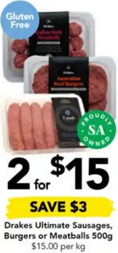 Drakes Drakes Ultimate Sausages, Burgers or Meatballs 500g offer